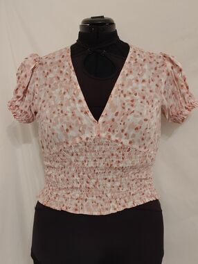 Smocked V-Neck Crop Top in Pink & Cream